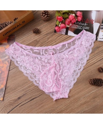 Sissy Pouch Panties Mens Sexy Lace Bikini Briefs Thong Sheer Crossdress Underwear Nightwear - Pink - CN1932GUE36 $22.30 Briefs