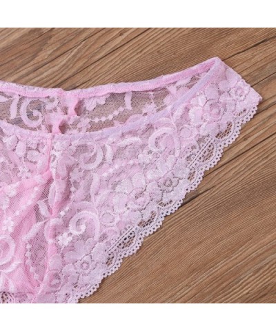 Sissy Pouch Panties Mens Sexy Lace Bikini Briefs Thong Sheer Crossdress Underwear Nightwear - Pink - CN1932GUE36 $22.30 Briefs