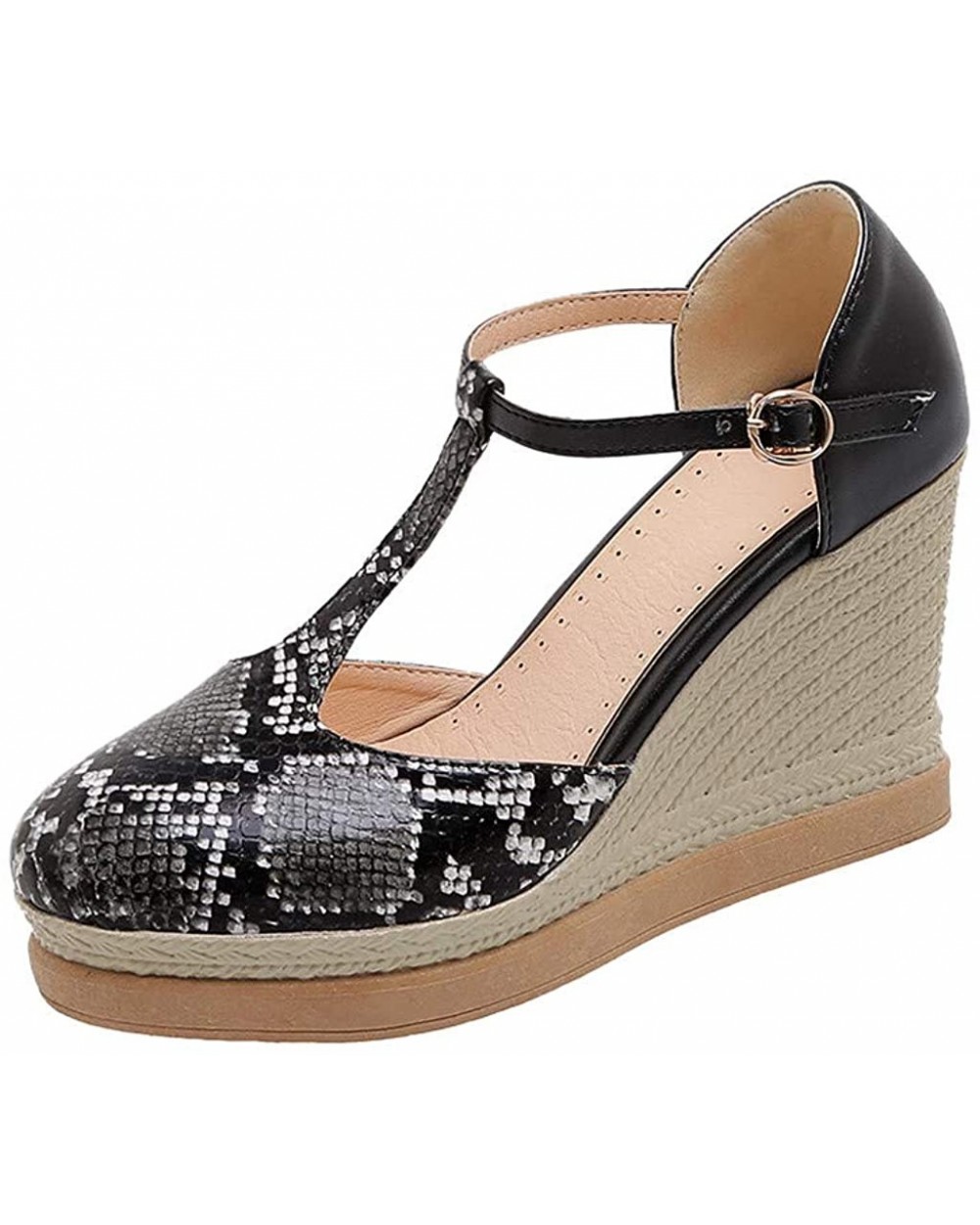 Women's Wedges Sandals- Fashion Snake Printed T-Strap Ankle Buckle Weavn Platform Sandals - Black - CV196IHDENR $53.15 Slips