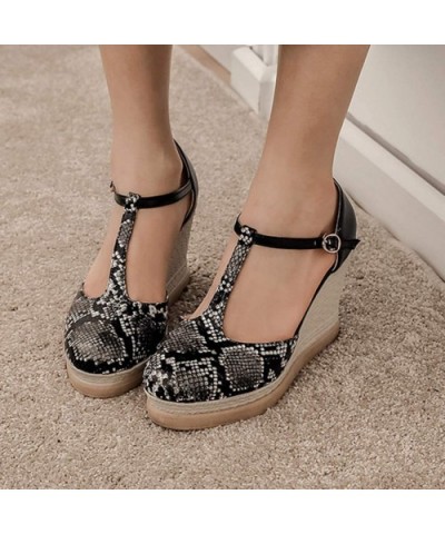 Women's Wedges Sandals- Fashion Snake Printed T-Strap Ankle Buckle Weavn Platform Sandals - Black - CV196IHDENR $53.15 Slips