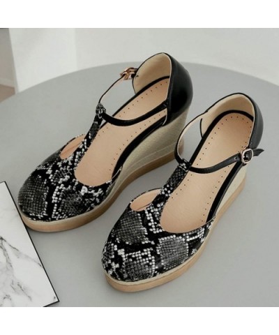 Women's Wedges Sandals- Fashion Snake Printed T-Strap Ankle Buckle Weavn Platform Sandals - Black - CV196IHDENR $53.15 Slips