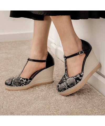 Women's Wedges Sandals- Fashion Snake Printed T-Strap Ankle Buckle Weavn Platform Sandals - Black - CV196IHDENR $53.15 Slips