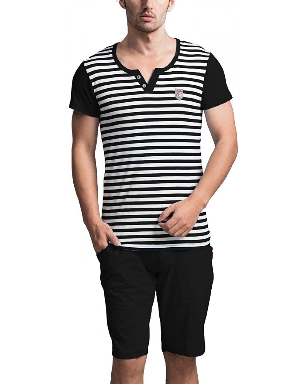 Men's Stripes Pajama Set Cotton Jersey Top Shorts 2 PCs Slim Fit Pockets Sleepwear - Black - C718Z56NOS5 $44.76 Sleep Sets