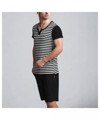 Men's Stripes Pajama Set Cotton Jersey Top Shorts 2 PCs Slim Fit Pockets Sleepwear - Black - C718Z56NOS5 $44.76 Sleep Sets