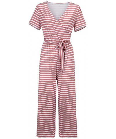 Women Jumpsuits Summer Fashion Women Short Sleeve Stripe Long Pajamas Set One Piece Jumpsuit Loose Sleepwear Pink - C319CDHHY...