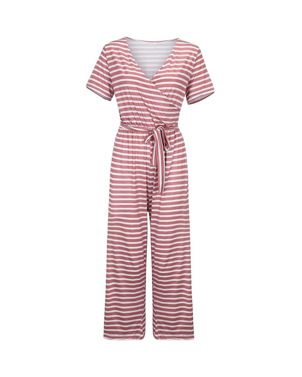 Women Jumpsuits Summer Fashion Women Short Sleeve Stripe Long Pajamas Set One Piece Jumpsuit Loose Sleepwear Pink - C319CDHHY...