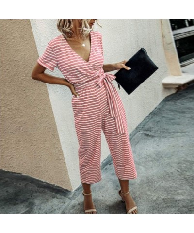 Women Jumpsuits Summer Fashion Women Short Sleeve Stripe Long Pajamas Set One Piece Jumpsuit Loose Sleepwear Pink - C319CDHHY...