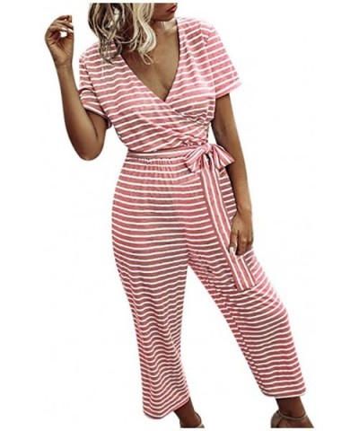 Women Jumpsuits Summer Fashion Women Short Sleeve Stripe Long Pajamas Set One Piece Jumpsuit Loose Sleepwear Pink - C319CDHHY...