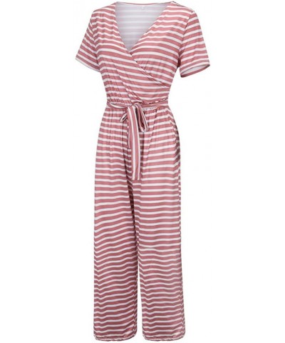 Women Jumpsuits Summer Fashion Women Short Sleeve Stripe Long Pajamas Set One Piece Jumpsuit Loose Sleepwear Pink - C319CDHHY...