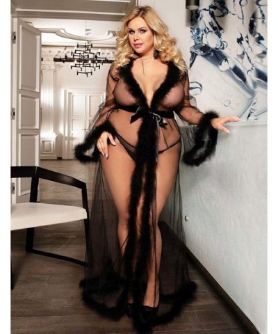 Stunning and Gorgeous Robe Perspective Sheer Sleepwear with Faux Fur - Black - CR19CGTD4HL $41.35 Robes