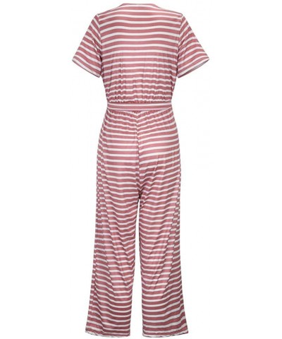 Women Jumpsuits Summer Fashion Women Short Sleeve Stripe Long Pajamas Set One Piece Jumpsuit Loose Sleepwear Pink - C319CDHHY...