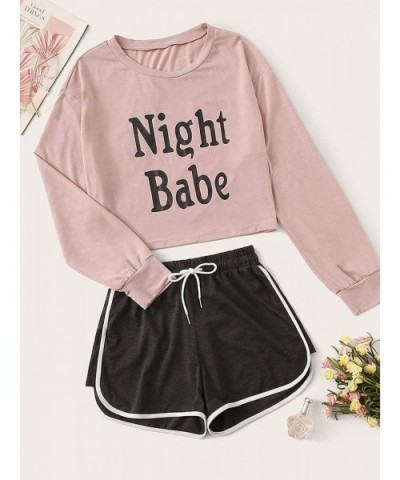 Women's Letter Print Long Sleeve Top and Shorts Two Piece Pajama Set - Pink*1 - CD19C4S5K7E $36.35 Sets