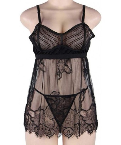 Women Plus Size Elegant Lace Sexy Babydoll Backless Sleepwear - Black-3 - CY19D69475G $35.59 Baby Dolls & Chemises