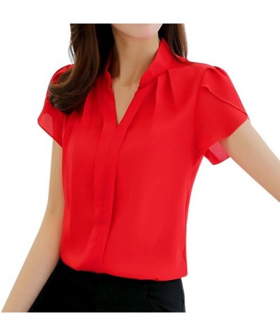 Fashion Womens Casual Chiffon Short Sleeve Splice Lace Crop Top Blouse - Red-b - CI18SXMYUAD $20.99 Shapewear