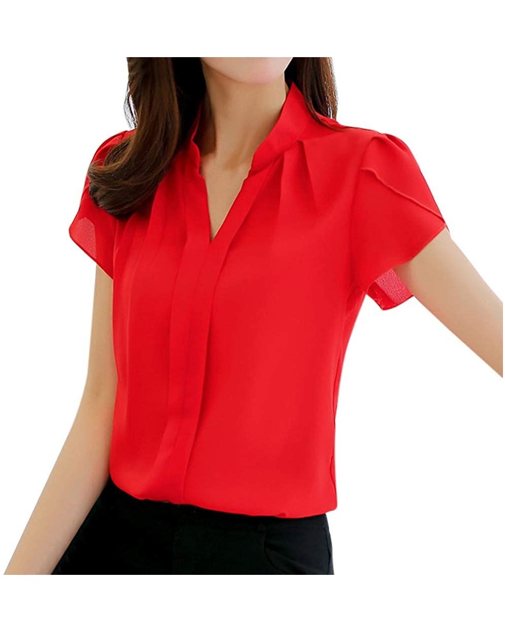 Fashion Womens Casual Chiffon Short Sleeve Splice Lace Crop Top Blouse - Red-b - CI18SXMYUAD $20.99 Shapewear