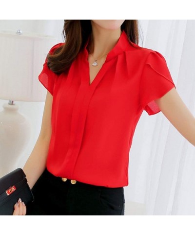 Fashion Womens Casual Chiffon Short Sleeve Splice Lace Crop Top Blouse - Red-b - CI18SXMYUAD $20.99 Shapewear