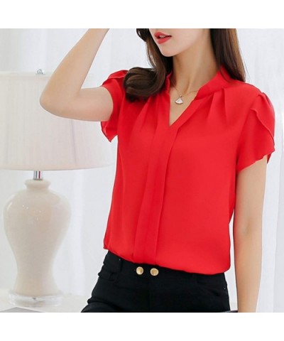 Fashion Womens Casual Chiffon Short Sleeve Splice Lace Crop Top Blouse - Red-b - CI18SXMYUAD $20.99 Shapewear