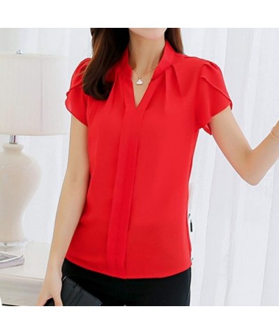 Fashion Womens Casual Chiffon Short Sleeve Splice Lace Crop Top Blouse - Red-b - CI18SXMYUAD $20.99 Shapewear