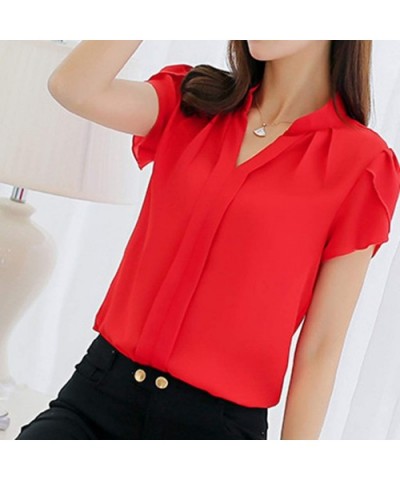 Fashion Womens Casual Chiffon Short Sleeve Splice Lace Crop Top Blouse - Red-b - CI18SXMYUAD $20.99 Shapewear