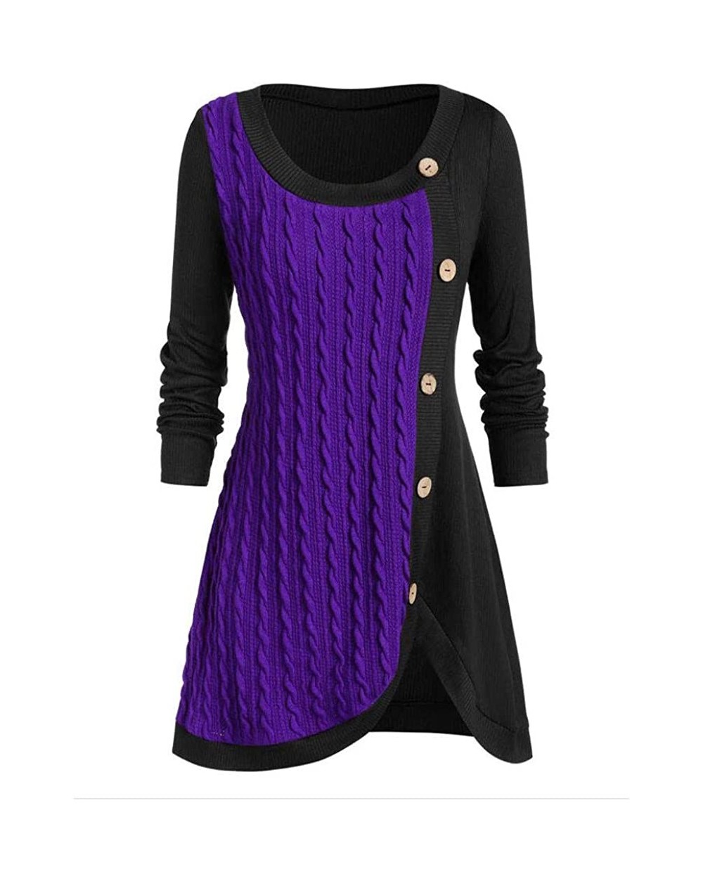 Autumn Winter Plus Size Asymmetric Sweater Women O-Neck Long Sleeve Solid Botton Pachwork Tops - Purple - CK192A6YNYU $35.31 ...