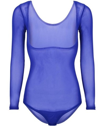 Women Sheer Mesh See Through High Cut Thong Bodysuit Belly Dance Leotard Shapewear - Royal Blue - CB18SL8GRAM $34.43 Shapewear