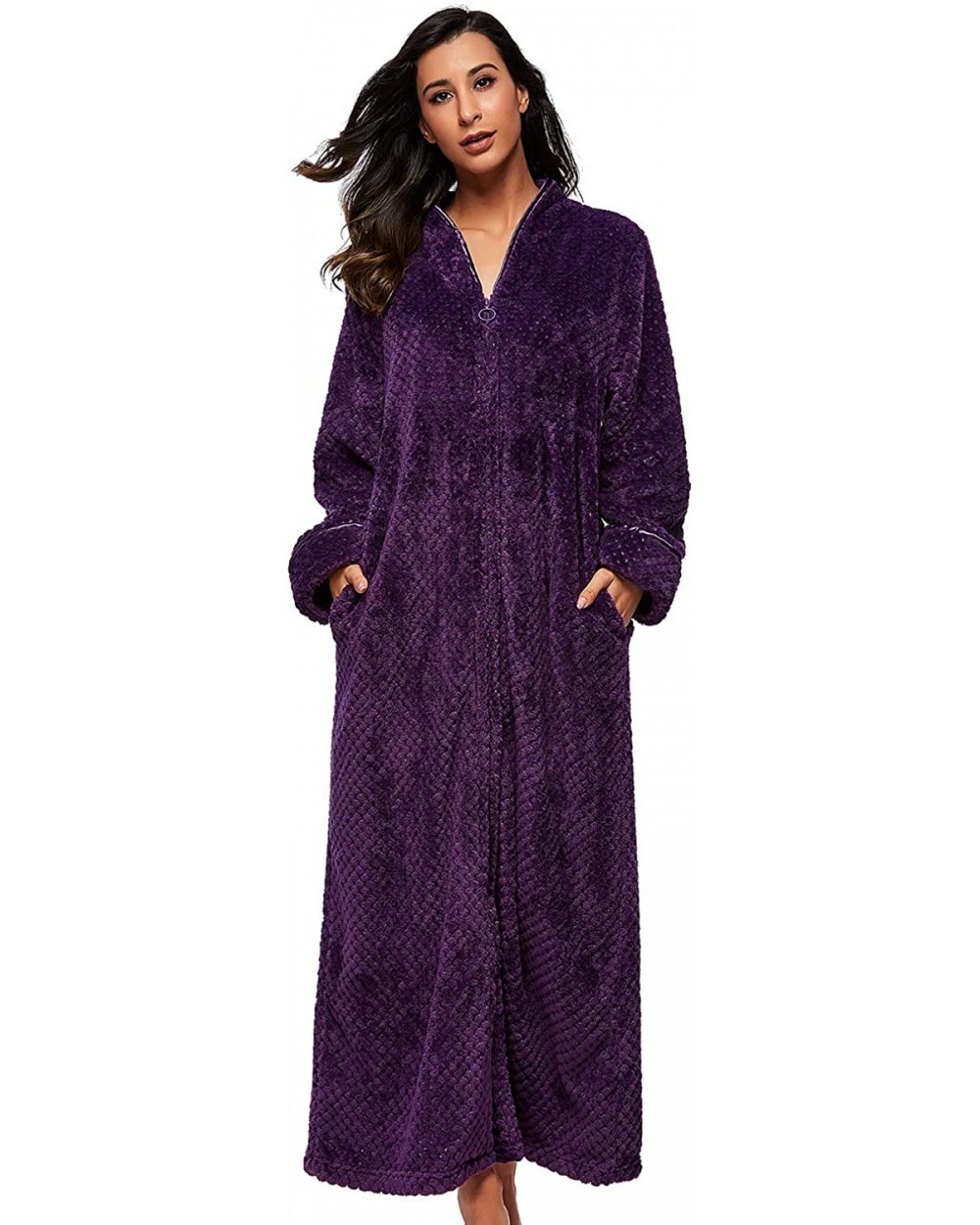 Women Lounge Nightwear Fleece Plush Bathrobes with Zipper Front - Purple - CH18D9D89XH $51.25 Robes