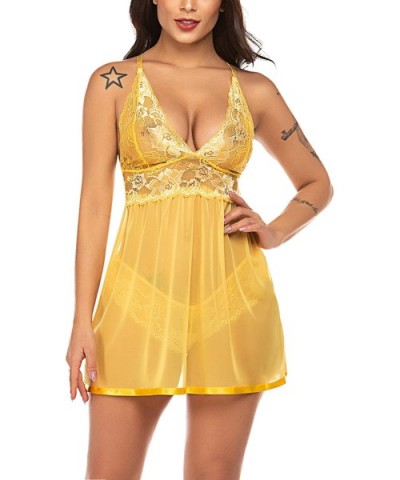 Women's Lingerie Lace Babydoll V Neck Chemise Halter Teddy Strap Sleepwear - Yellow - CK18ZQ6GL9A $24.85 Baby Dolls & Chemises