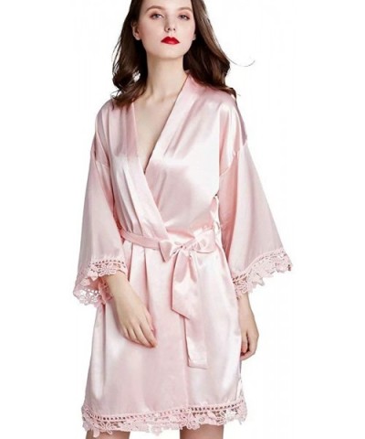 Bathrobe for Women Spring and Summer Long Sleeved Plus Size Thin Lace Silk Soft Breathable One Piece Nightdress Pink - CD199Q...