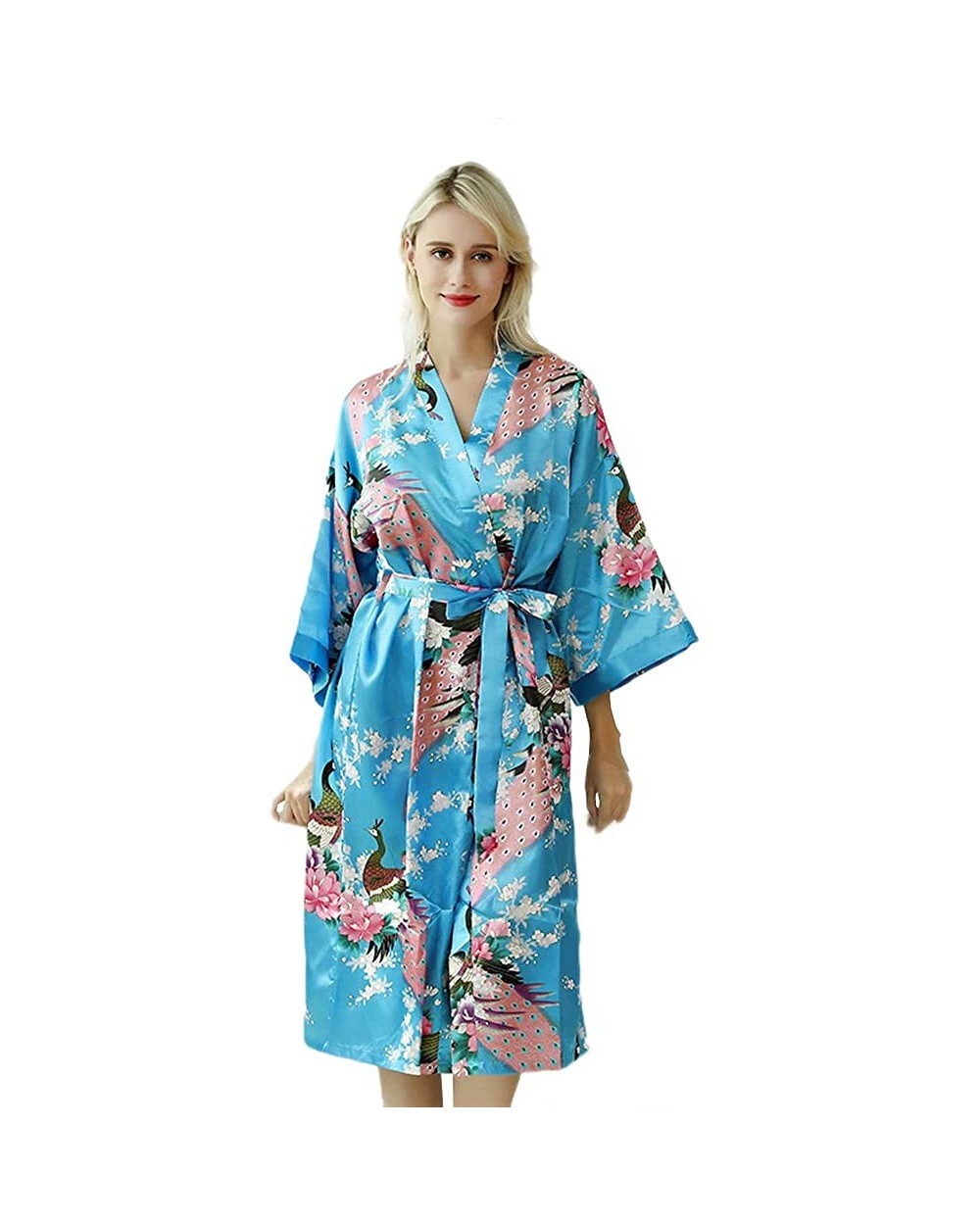 Floral Pattern Kimono Long Bathrobe for Women - Lake Blue - CM18TZ85WQQ $18.70 Robes