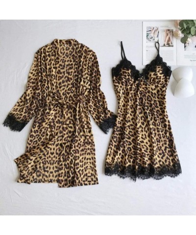 Satin Silk Pajamas Cardigan Nightdress Bathrobe Ladies Robes Underwear Sleepwear - Brown - CH195U3DHNY $26.71 Sets