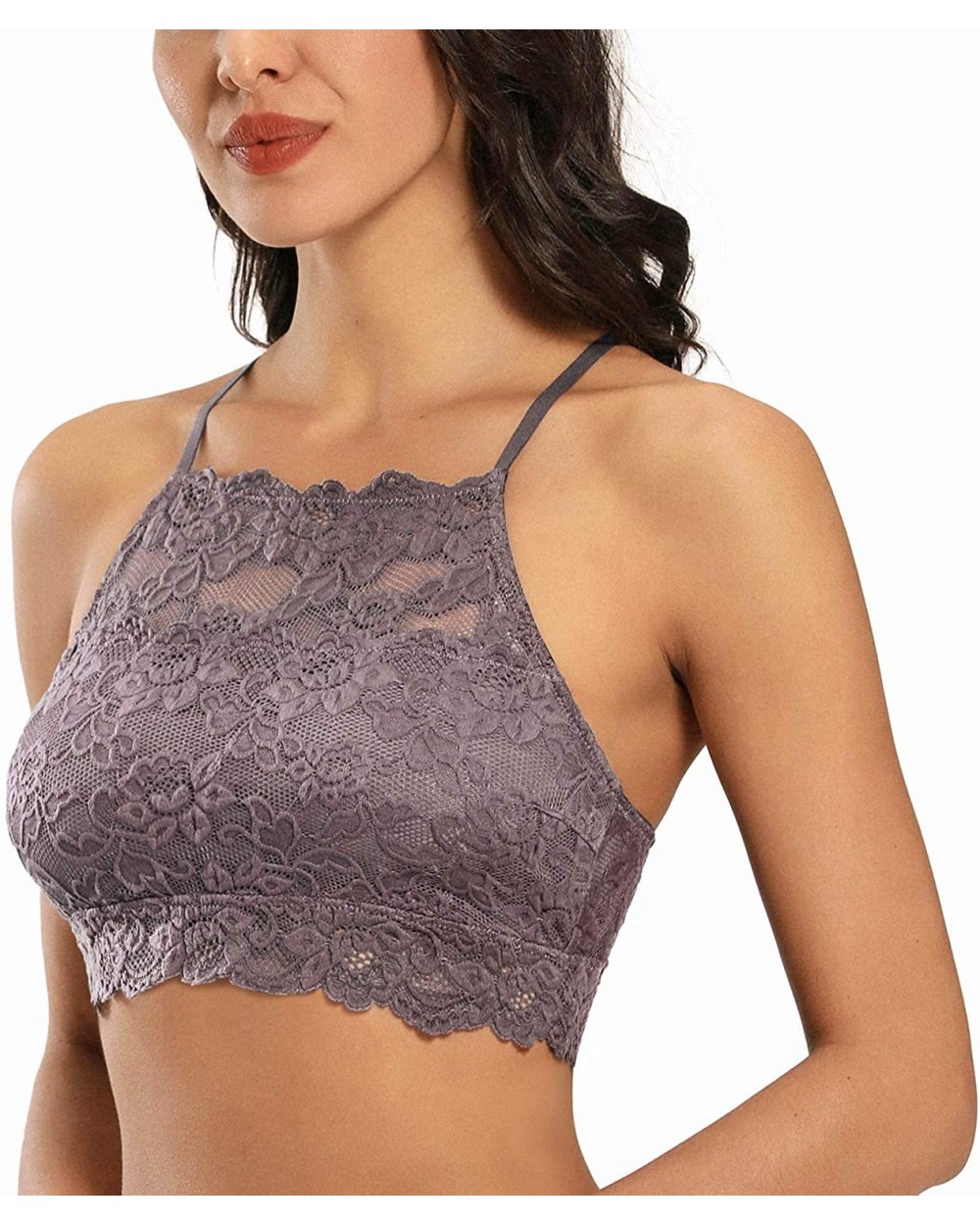 High-Neck Lace Bralette for Women Racerback Floral Crop Top Vest Bra - Grey Brown - CV198KI73AE $23.44 Bras