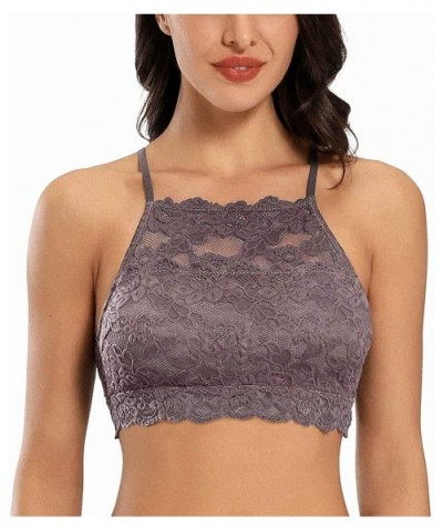 High-Neck Lace Bralette for Women Racerback Floral Crop Top Vest Bra - Grey Brown - CV198KI73AE $23.44 Bras