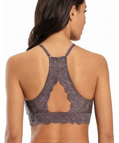 High-Neck Lace Bralette for Women Racerback Floral Crop Top Vest Bra - Grey Brown - CV198KI73AE $23.44 Bras