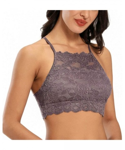 High-Neck Lace Bralette for Women Racerback Floral Crop Top Vest Bra - Grey Brown - CV198KI73AE $23.44 Bras