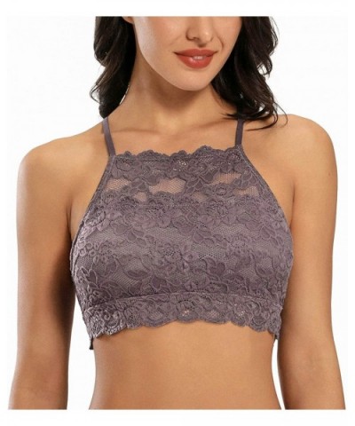 High-Neck Lace Bralette for Women Racerback Floral Crop Top Vest Bra - Grey Brown - CV198KI73AE $23.44 Bras