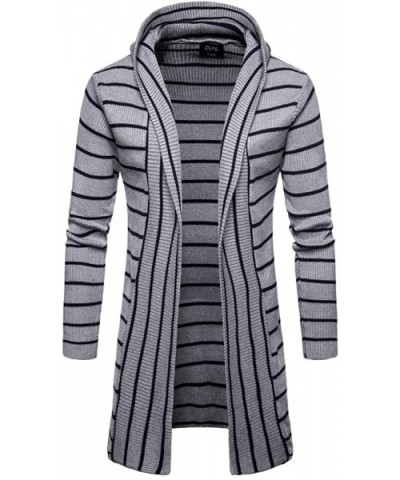 Mens Casual Hooded Cardigan Stripes Knitted Sweater Shawl Collar Open Front Draped Slim Fit Long Coats Jacket - Gray - CW18ZZ...