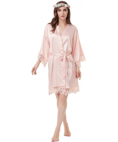 Women's Matte Satin Kimono Wedding Robe for Bride and Bridesmaid with Lace Trim - Skin Pink - C518S92Z74G $36.89 Robes