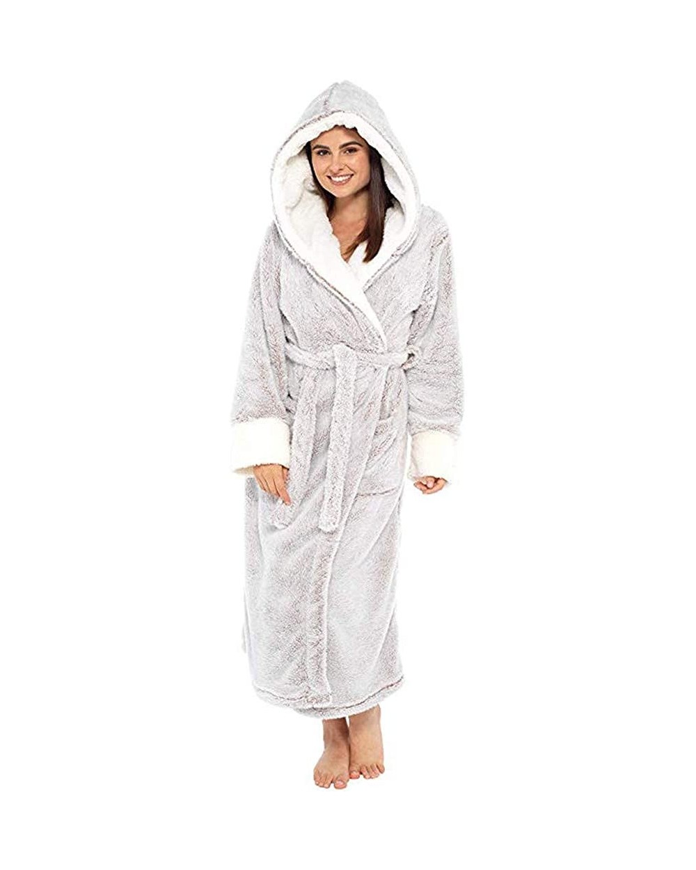 Women Winter Plush Lengthened Shawl Bathrobe Home Soft Long Sleeved Robe Coat with Belt - Gray - CJ193QHHH9G $38.10 Robes