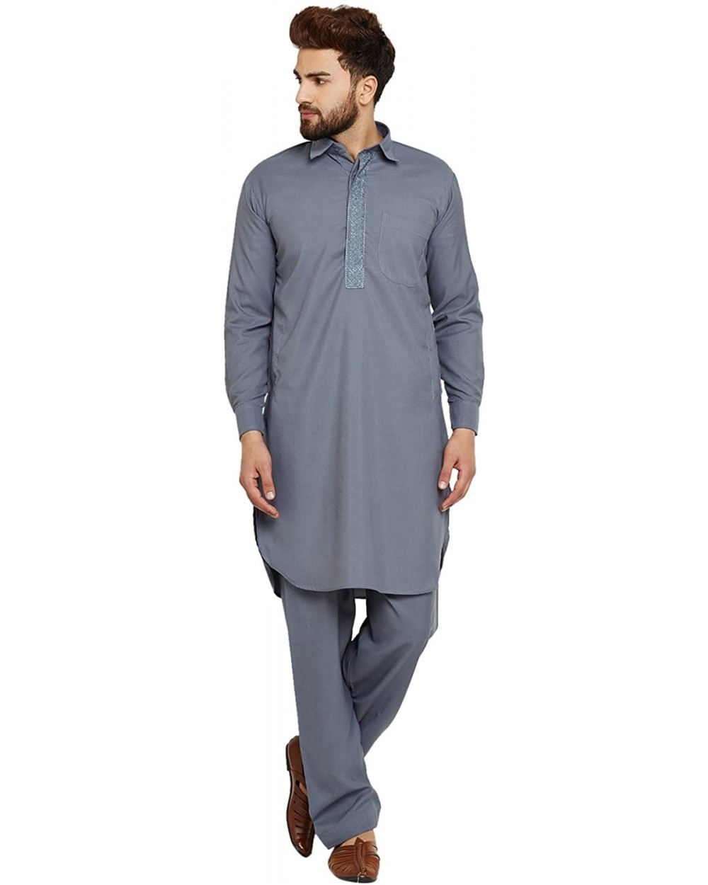 Men's Cotton Blend Pathani Kurta Salwar - Slate Grey - CY12O5B588L $61.43 Sleep Tops