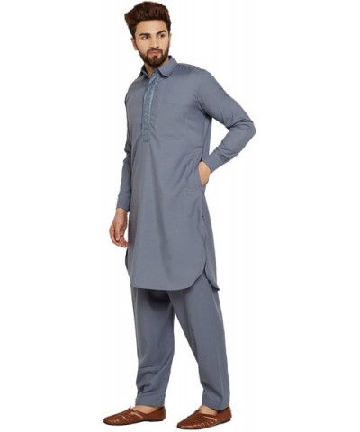 Men's Cotton Blend Pathani Kurta Salwar - Slate Grey - CY12O5B588L $61.43 Sleep Tops