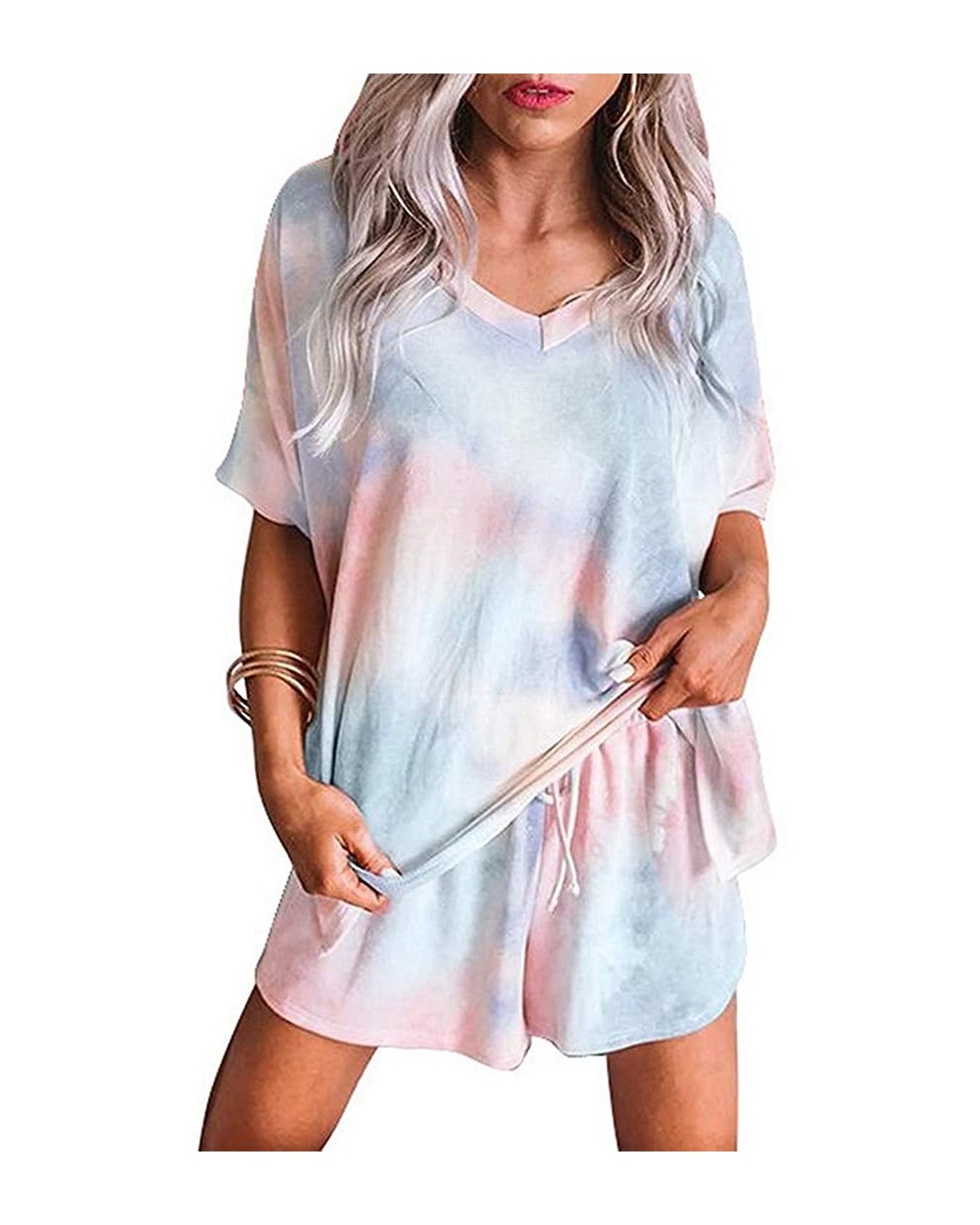 Womens Tie Dye Pajamas Set- 2 Piece Printed Tee and Shorts Loungewear Short Sleeve Sleepwear Set - 1 - CR190WRZ7T4 $37.95 Sets