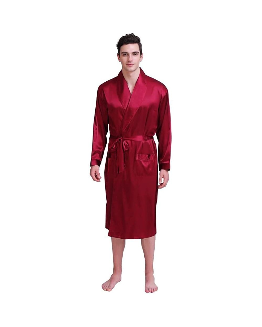 Men's Silk Satin Solid Color Robe - Wine Red - C21872THQ5I $45.56 Robes