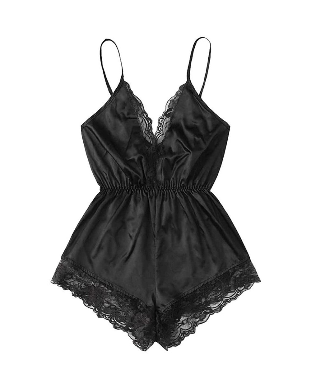 Women's Satin Pajama Sexy Lace Romper V-Neck Camisole Nightwear Sleepwear Short Set - Black - C418NDECG34 $18.65 Sets