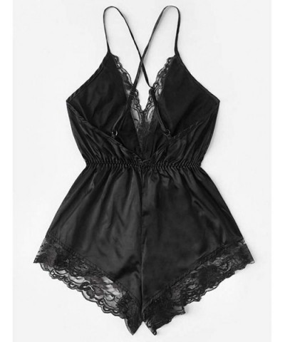 Women's Satin Pajama Sexy Lace Romper V-Neck Camisole Nightwear Sleepwear Short Set - Black - C418NDECG34 $18.65 Sets