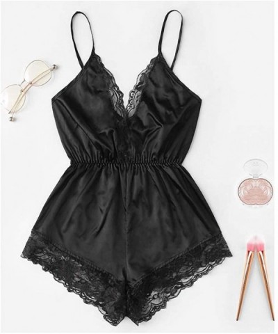 Women's Satin Pajama Sexy Lace Romper V-Neck Camisole Nightwear Sleepwear Short Set - Black - C418NDECG34 $18.65 Sets