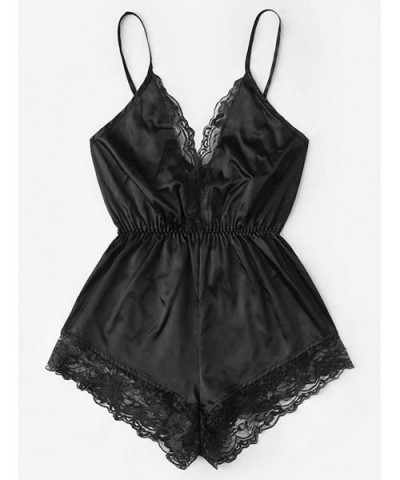 Women's Satin Pajama Sexy Lace Romper V-Neck Camisole Nightwear Sleepwear Short Set - Black - C418NDECG34 $18.65 Sets