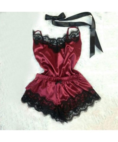 New Womens Sexy Lingerie Camisole Bow Shorts V-Neck Tops Velvet Pajamas Sleepwear - F Wine - CY195XOYOEK $19.39 Baby Dolls & ...