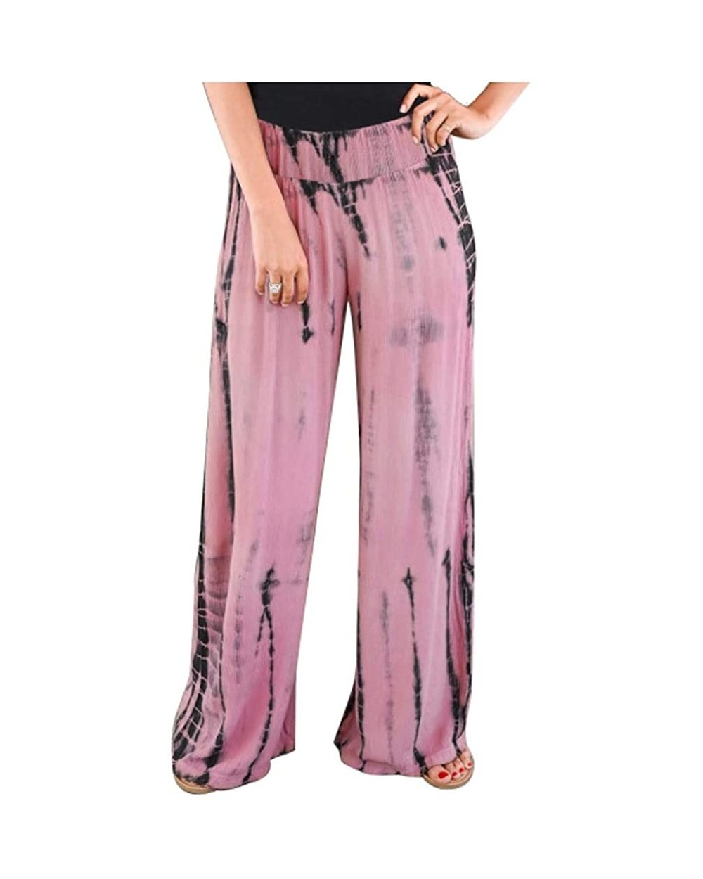 Women Casual High Waisted Pajama Pants Stretch Floral Print Drawstring Palazzo Wide Leg Lounge Pants Harem Trousers - H-pink ...