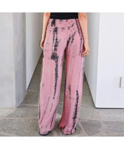 Women Casual High Waisted Pajama Pants Stretch Floral Print Drawstring Palazzo Wide Leg Lounge Pants Harem Trousers - H-pink ...