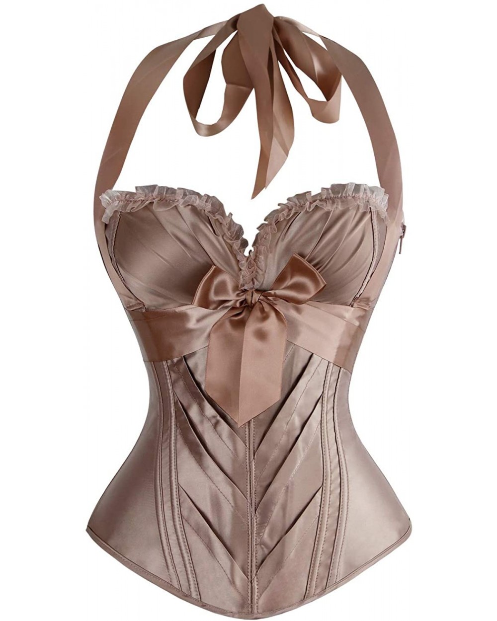 Women's Burlesque Vintage Satin Halter Boned Zipper Bustier Corset Top - Champagne - CM11OYIUHBN $38.08 Bustiers & Corsets